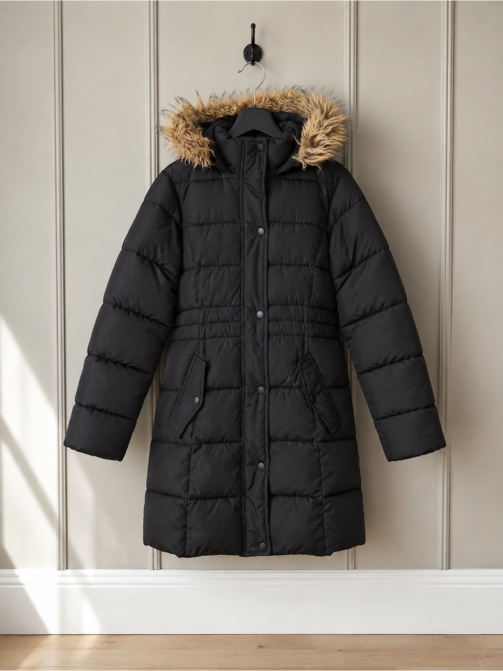 SO Black Puffer Coat with Faux Fur Trim